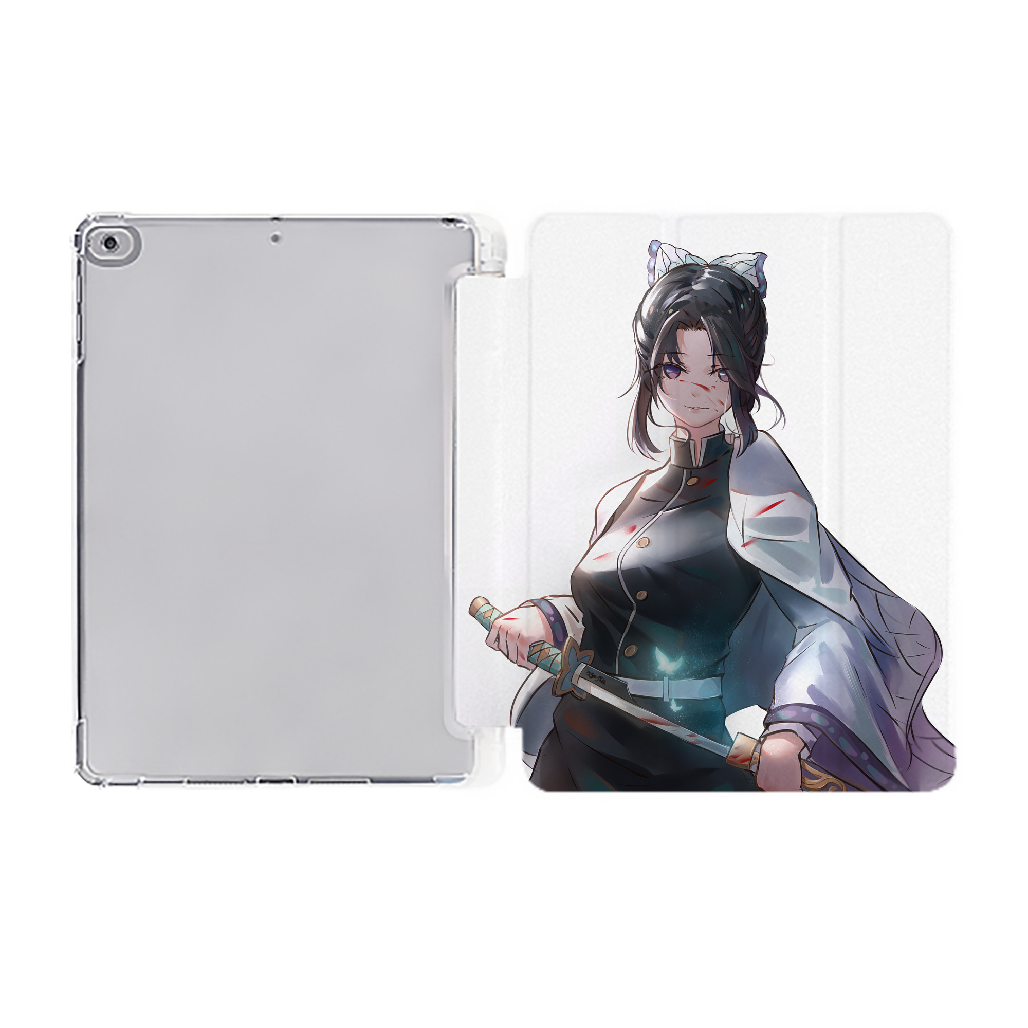 （画像用） 鬼滅の刃（きめつのやいば）蟲柱-胡蝶 しのぶ／こちょう しのぶ Kochou Shinobu IPad ケース ペン収納付き 三つ折りスタンド PUレザー×シリコン 対応機種9.5/10.5/10.9インチ